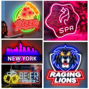 Pode incluir: Uma cole&ccedil;&atilde;o de seis letreiros de neon com v&aacute;rios designs, incluindo uma fatia de pizza, um logotipo de spa, o horizonte de Nova York, um gr&aacute;fico de caneca de cerveja com o texto BEER O'CLOCK e um emblema de le&atilde;o com o texto RAGING LIONS.