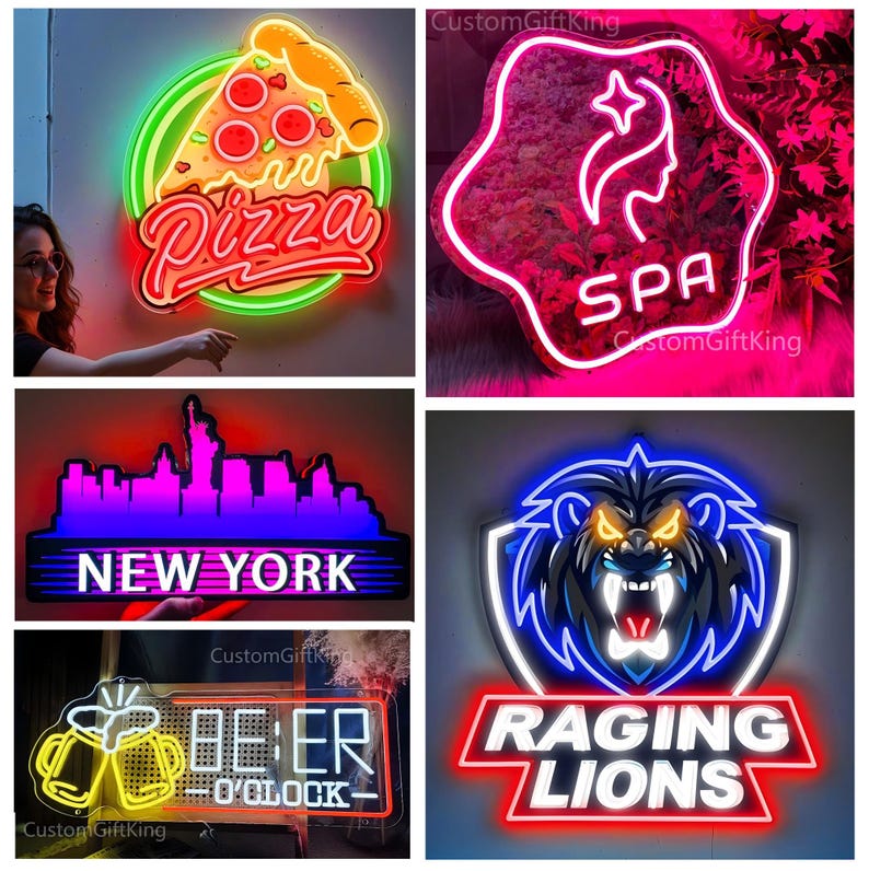 Pode incluir: Uma cole&ccedil;&atilde;o de seis letreiros de neon com v&aacute;rios designs, incluindo uma fatia de pizza, um logotipo de spa, o horizonte de Nova York, um gr&aacute;fico de caneca de cerveja com o texto BEER O'CLOCK e um emblema de le&atilde;o com o texto RAGING LIONS.