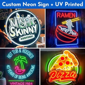 Pode incluir: Uma cole&ccedil;&atilde;o de quatro letreiros de n&eacute;on personalizados com impress&otilde;es UV. Um letreiro circular diz Misfit Skinny Kustoms, um retangular mostra uma tigela de ramen, um exibe uma palmeira com flamingo e um mostra uma fatia de pizza.
