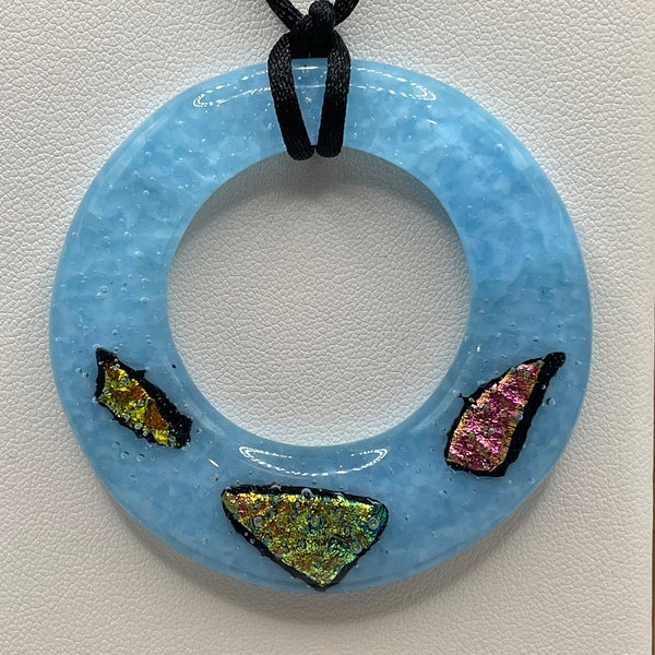 Light Blue Round Fused Glass Pendant with Dichroic Glass