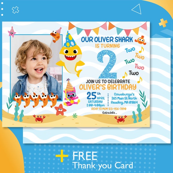 Boy Shark Party Invitation Card With Photo, Editable Shark Birthday Invitation, FREE Thank you tag, Printable, INSTANT DOWNLOAD