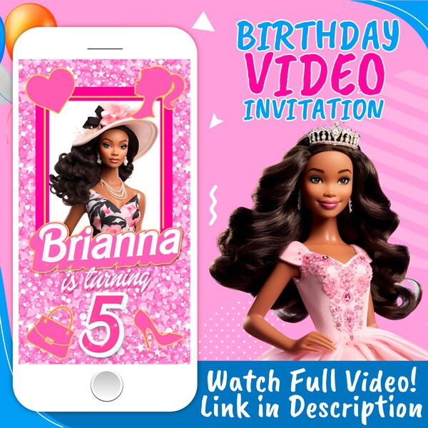 Invitation vidéo Barbie à la peau foncée, invitation animée fête d'anniversaire, invitation vidéo pour fille, invitation rose, invitation avec musique