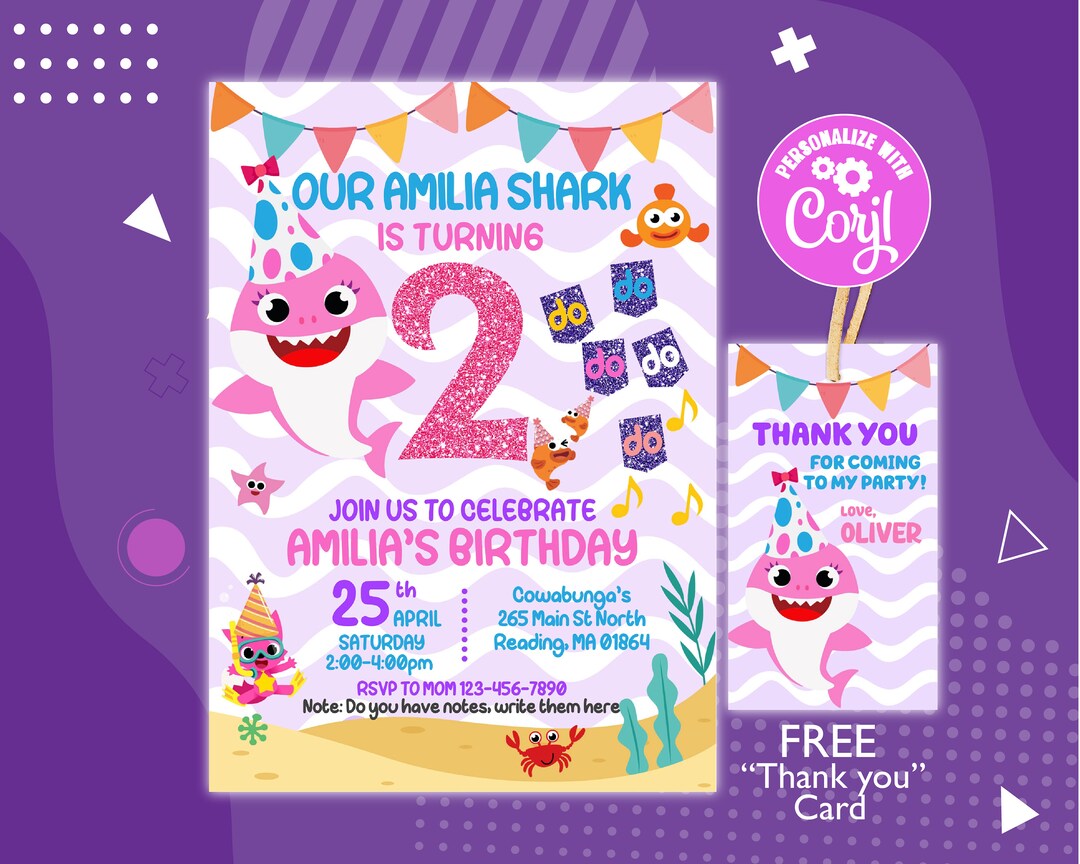 Girl Shark Party Invitation, Editable Birthday Invitation, FREE Thank