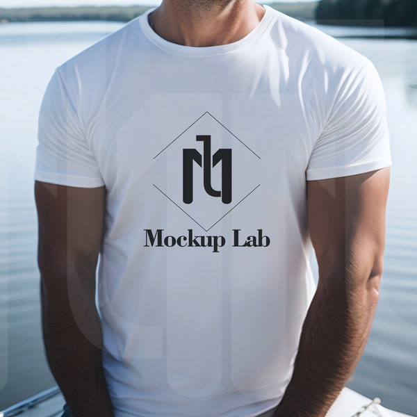 Gildan 6400 Mockup White T Shirt For Men Fishing Enthusiast With Boat And Lake Background