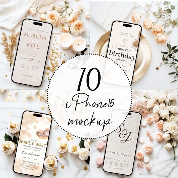 iPhone 15 Png Mockup Bundle For Digital Invitations Weddings Birthday Baby Shower With Gold Touches Transparent Mockup Elegant Photos