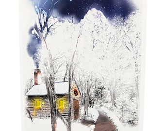 Cabin Christmas Card, Snowy Woods Scene, Original Art
