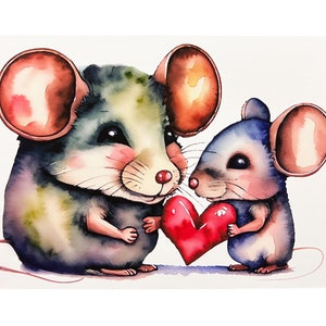 Ratos, Cartão de Dia das Mães, Rato, Aquarela, Arte Original, Feliz Dia das Mães