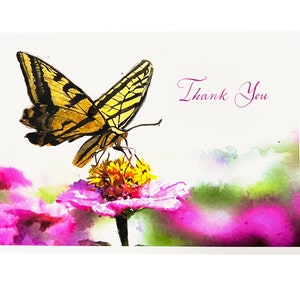 Schmetterling auf Blume, Dankes-Karte, Zinnia, Original Kunst, Schwalbenschwanz, Blumen, Aquarell