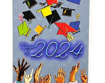 Klasse von 2024, Abschlusskarte, Hut werfen, Quasten, Originale Kunst, College, Abitur, Schüler