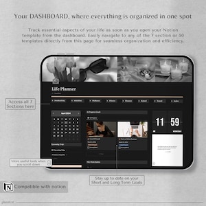 Notion Template: All-in-One Life Planner Dashboard | Dark Mode for Enhanced Organization | Personalized Digital Planner with Aesthetic Charm