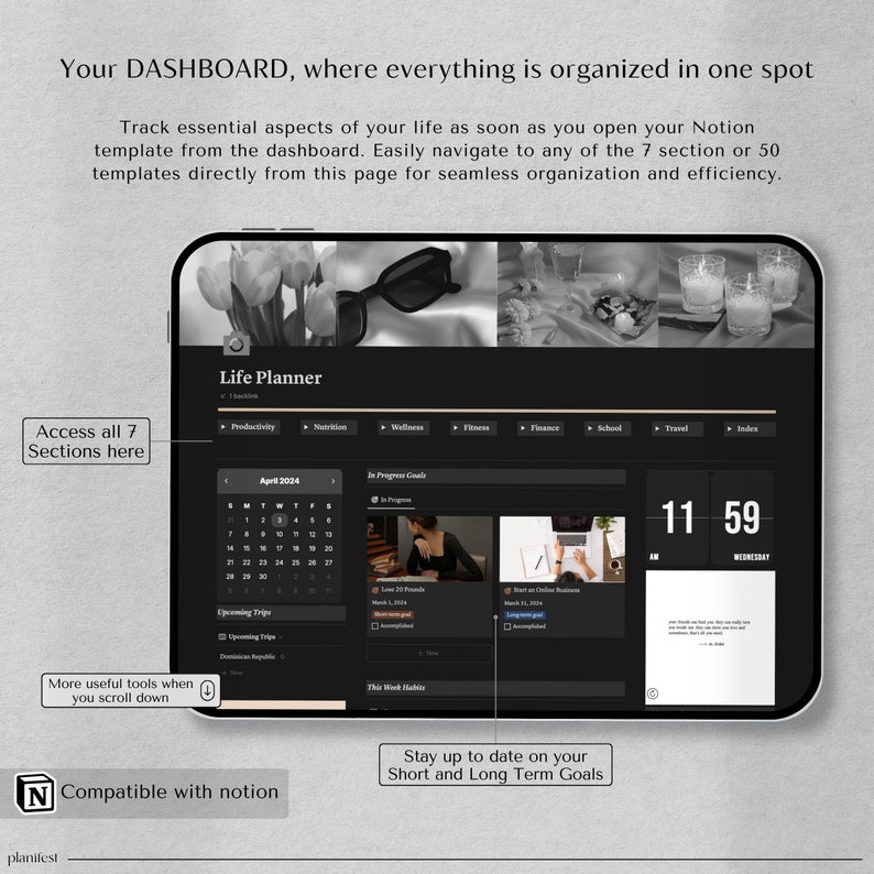 Notion Template: All-in-One Life Planner Dashboard | Dark Mode for Enhanced Organization | Personalized Digital Planner with Aesthetic Charm