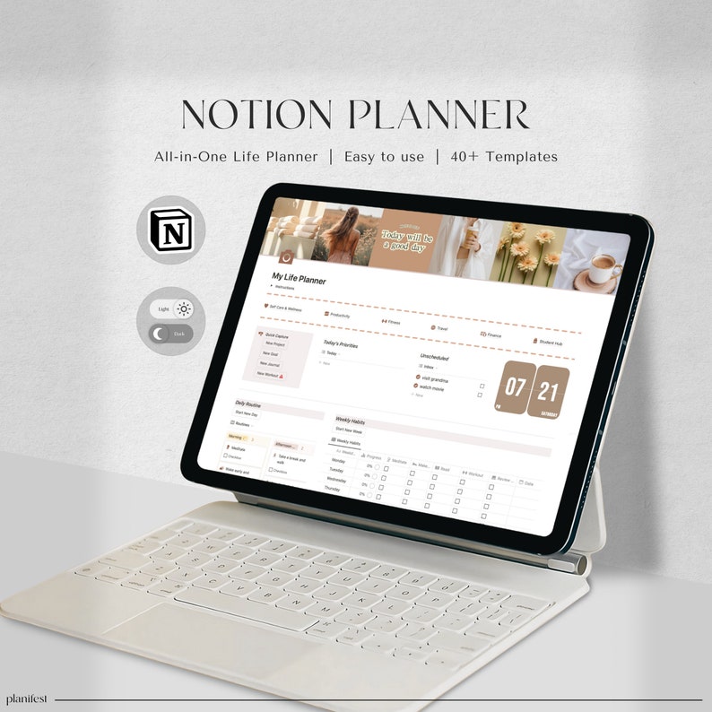 Notion Planner | Notion Template | ALL-IN-ONE Life Notion Planner | Daily Adhd Notion Templates | Aesthetic Life Notion Planner | Light+Dark