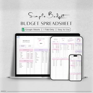 May include: A laptop and two mobile devices displaying a Google Sheets spreadsheet titled "Simple Budget" with a pink and white color scheme. The spreadsheet is designed to help users track their income and expenses. The spreadsheet includes sections for income, expenses, and a budget summary. The spreadsheet also includes a pie chart that shows the percentage of income that is allocated to each category of expenses.
