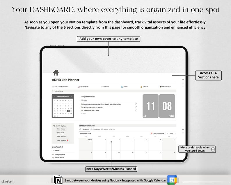 ADHD Digital Planner for Notion | Self-Care and Productivity Dashboard
