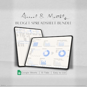 May include: A digital image of a Google Sheets spreadsheet bundle for budgeting. The image shows two tablets displaying the spreadsheet, with one tablet showing an annual budget and the other showing a monthly budget. The image includes the text "Annual & Monthly BUDGET SPREADSHEET BUNDLE" and "Google Sheets | 15 Tabs | Easy to Use".