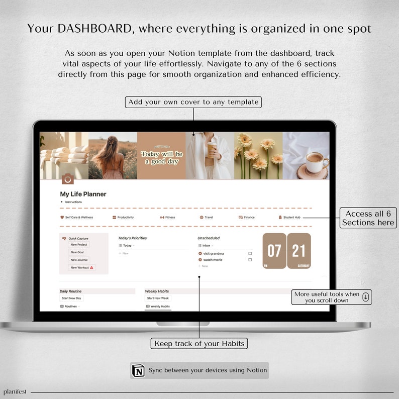 Notion Organizer | Notion Layout | Complete Life Notion Organizer | Daily Notion Templates for ADHD | Stylish Life Notion Organizer | Bright & Dark