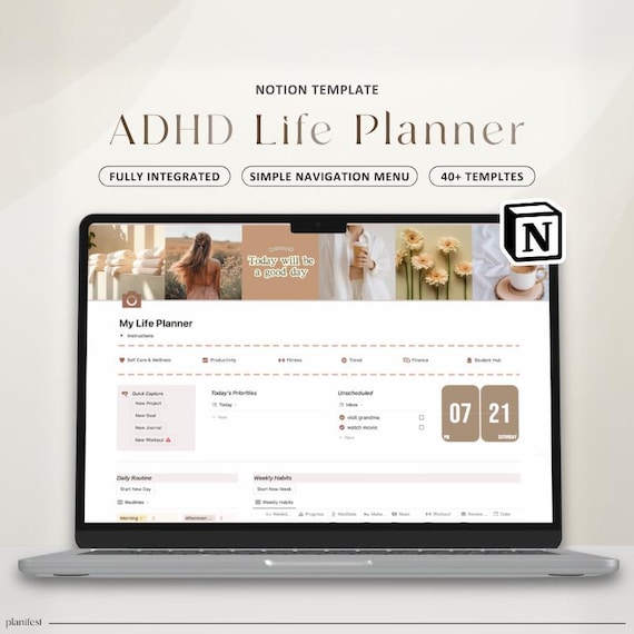 Notion Template ADHD Planner Notion Dashboard ADHD Digital Planner Adult ADHD Notion Templates Focus Planner Productivity Self Care Planner