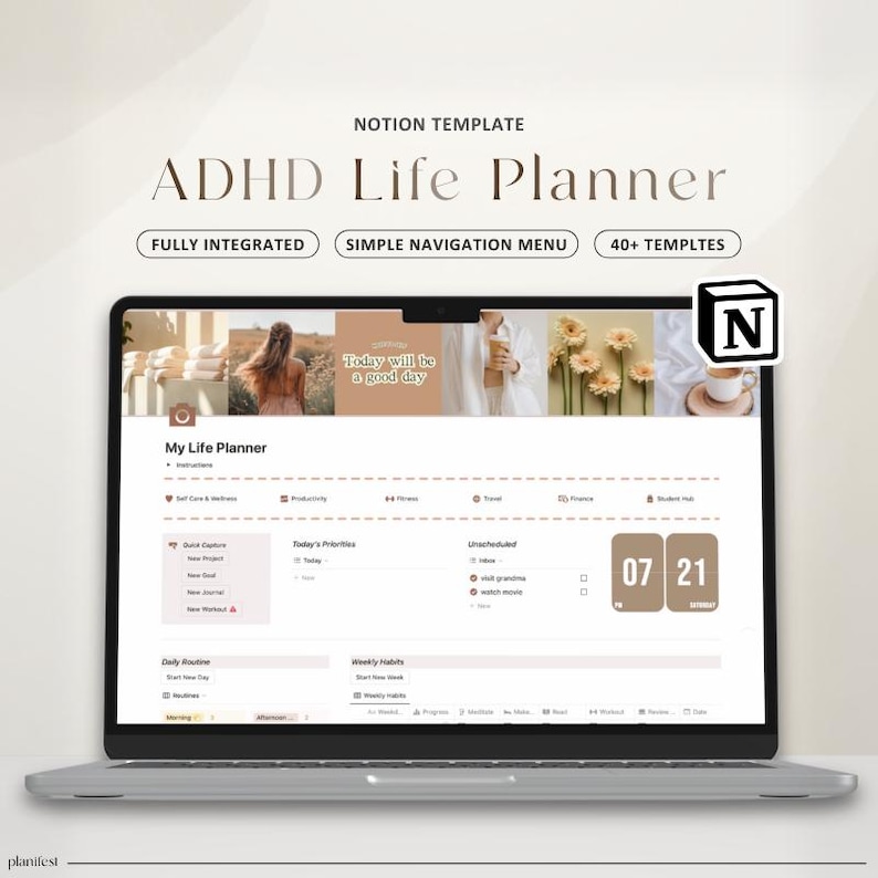 Notion Template ADHD Planner Notion Dashboard ADHD Digital Planner Adult ADHD Notion Templates Focus Planner Productivity Self Care Planner