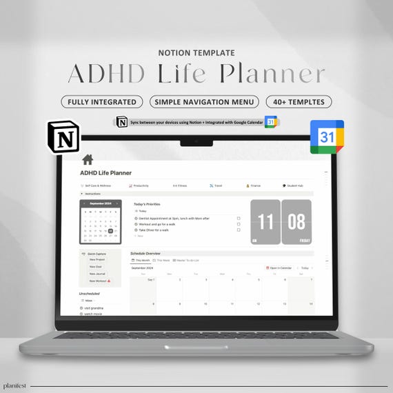 ADHD Notion Planner, Notion Template ADHD, Notion Dashboard, ADHD Planner For Productivity And Organization, Self Care Planner, Notion