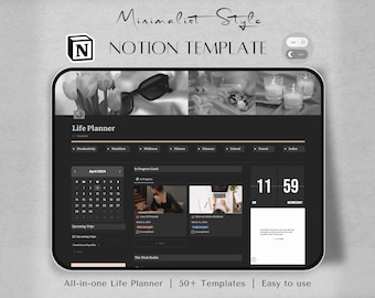 Notion Gabarit - TOUT EN UN | Tableau de bord du planificateur Life Notion | Agenda ultime mode sombre Notion | Personnel | Agenda numérique esthétique