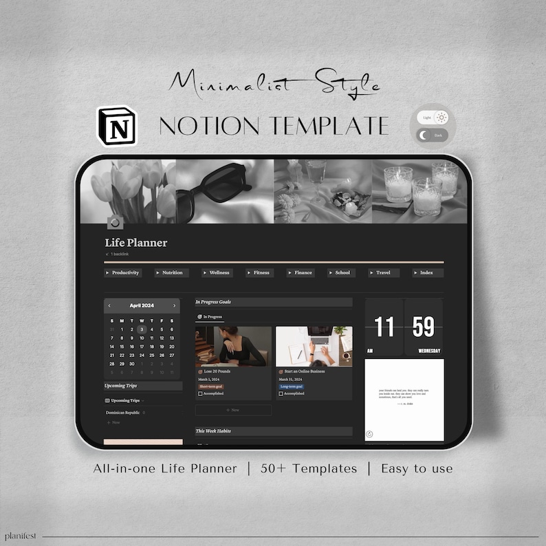 Notion Template - ALL IN ONE | Life Notion Planner Dashboard | Dark Mode Notion Ultimate Life Planner | Personal | Digital Planner Aesthetic