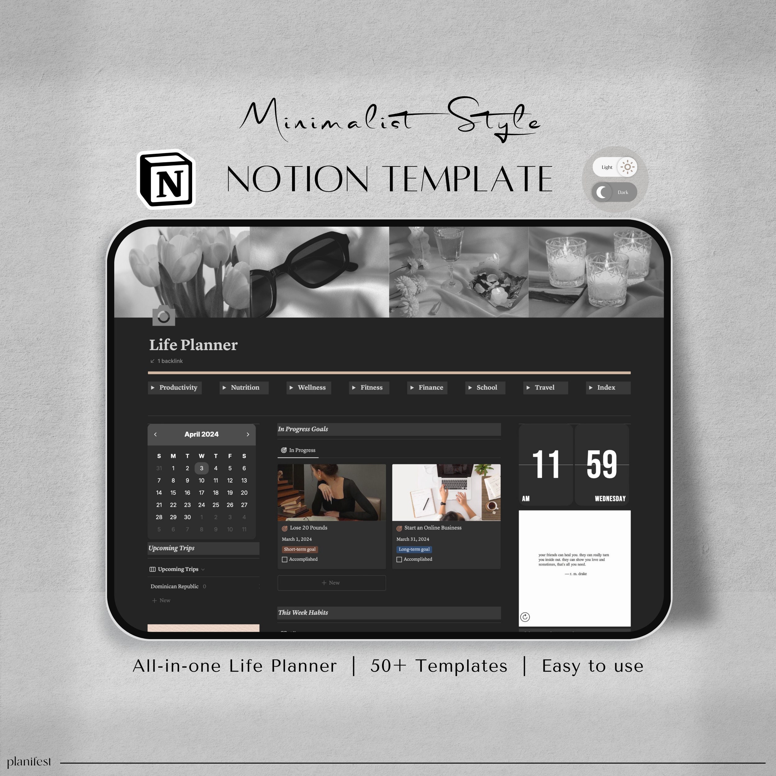 Notion Template - ALL IN ONE | Life Notion Planner Dashboard | Dark Mode Notion Ultimate Life Planner | Personal | Digital Planner Aesthetic