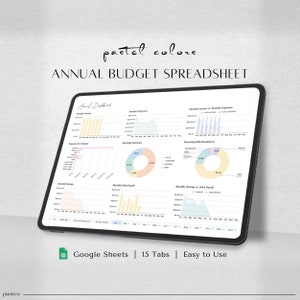 May include: A pastel-coloured Google Sheets spreadsheet template for annual budgeting. The spreadsheet includes charts and graphs for tracking monthly income, expenses, savings, and debt payoff. The text "Annual Budget Spreadsheet" is displayed at the top of the spreadsheet. The text "Google Sheets | 15 Tabs | Easy to Use" is displayed at the bottom of the spreadsheet.