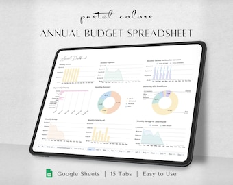 Hoja de cálculo de presupuesto anual, Hoja de cálculo de Google Sheets, Quincenal, Seguimiento de presupuesto mensual, Calendario de facturas, Seguimiento de deuda, Planificador de presupuesto, 15 TABS