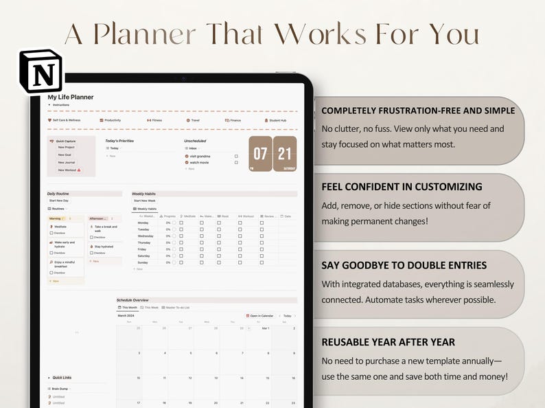 ADHD Planner Notion Template – Digital Dashboard for Focus, Productivity, and Self-Care.