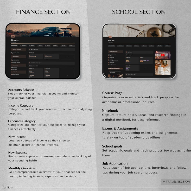 Notion Template: Life Notion Planner Dashboard | Dark Mode for Enhanced Organization | Personalized Digital Planner with Aesthetic Elements