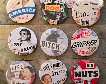 Paquete de botones con recortes de revistas antiguas.