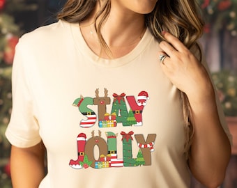 Stay Jolly Christmas Short Sleeve T-shirt, Merry Tee, Happy Holiday Tshirt, mom gift, girl present, Santa elf, xmas shirt, colorful design
