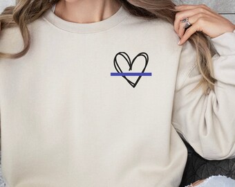 BLUE LINE Heart Sweatshirt, Thin blue line, police wife gift, policeman crewneck, first responder gifts, cop girlfriend mom, sand beige
