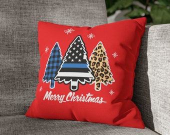 Police Christmas Decorative Pillow, thin blue line holiday, cop leo gift, home goods, police decorations, law enforcement house gift