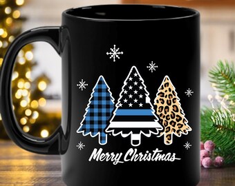 Police Christmas Coffee Mug, Merry Christmas Police Gift, LEO wife tree cup, Cop holiday java, Police mom supporter, Thin Blue Line