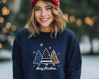 Police Christmas Sweatshirt, Merry Christmas Police Gift, LEO wife tree crewneck, Cop holiday shirt, Police mom supporter, Thin Blue Line