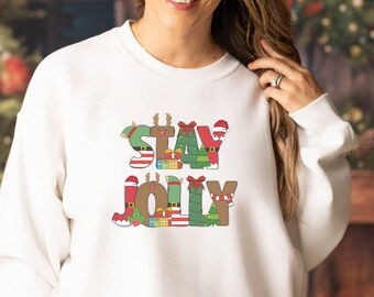 Stay Jolly Christmas Sweatshirt, Merry Happy Holiday crewneck, mom gift, grandma present, Santa elf, xmas, colorful design, tis the season