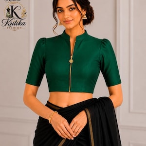Blusa verde oscuro con cuello, blusa de seda para sari con cremallera frontal, mangas abullonadas, talla personalizada.