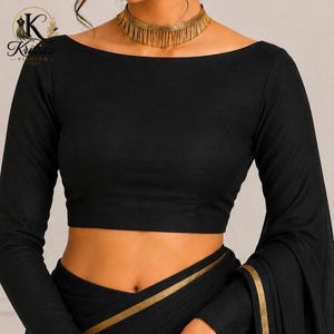 Black Boat Neck Full Sleeve Saree Blouse, Back Button Opening, Custom Size