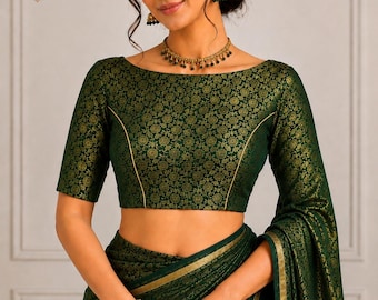 Bottle Green Brocade Blouse, Gold Floral Weaving, Boat Neck, Elbow Sleeve, Padded Saree Blouse