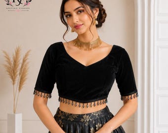 Black Velvet Padded Blouse | Deep Back Tie-Up, Beaded Tassels, Wedding Wear