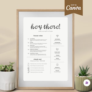 Placa de boas-vindas do Airbnb para impressão para hóspedes, pôster de chegada do VRBO, cartão de boas-vindas para aluguel de curta duração, modelo editável do Canva