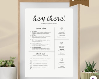 Panneau de bienvenue Airbnb imprimable pour les invités, affiche d&#39;arrivée VRBO, modèle de toile modifiable de carte de bienvenue de location de courte durée