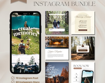 Lot de modèles Instagram de location de courte durée, kit de réseaux sociaux modifiable de location de vacances pour hôtes, téléchargement numérique esthétique de chalet de montagne