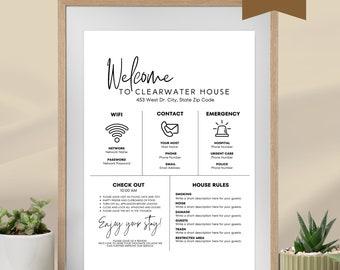 Modèle de plaque de bienvenue Airbnb moderne, affiche de bienvenue modifiable de location de courte durée, plaque murale VRBO pour les invités