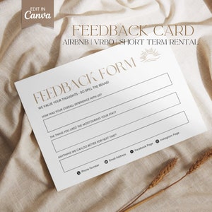 Modelo de cartão de feedback para anfitrião do Airbnb Cartão de comentários VRBO Formulário de feedback de hóspedes Modelo Canva editável para aluguel de curto prazo