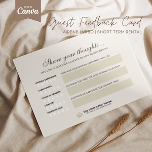 Cartão de comentários do Airbnb, cartão de comentários de hóspedes, formulário de feedback para cartão de anfitrião de aluguel de curto prazo, modelo editável do Canva