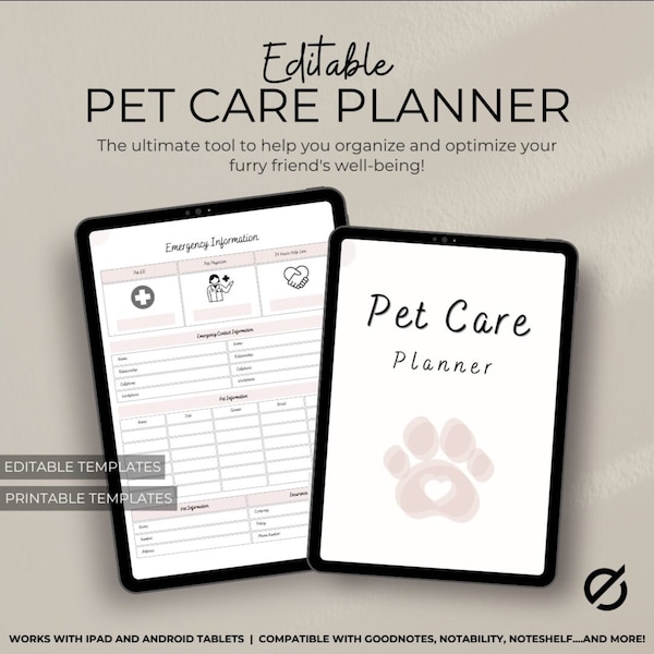 Editable Printable Pet Care Planner | Printable Care Checklist | Pet Organizer | Puppy Planner | Dog Planner | Cat Planner | Pet Gift