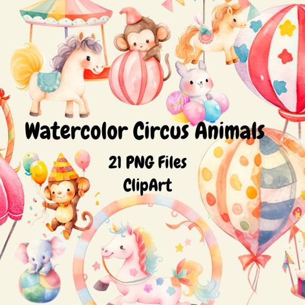 Cute Circus Animal Watercolor Clipart Kids , Animals illustration, little clown, Colourful nursery decoration, Circus party tent