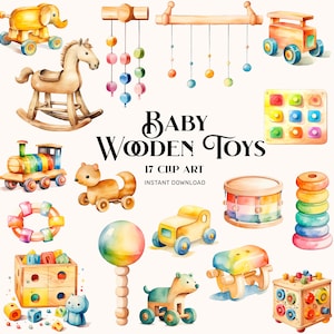 Bebé juguetes de madera acuarela clipart, imágenes prediseñadas de bebé recién nacido, imágenes prediseñadas de guardería neutral, imágenes prediseñadas de invitación de baby shower, imágenes prediseñadas de cumpleaños